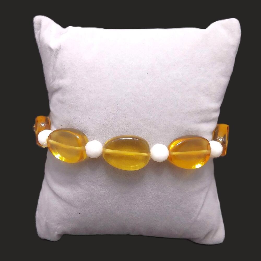 Yellow Chalcedony Beaded Bracelet Artisan Honey Gemstone White Agate Stretch NEW